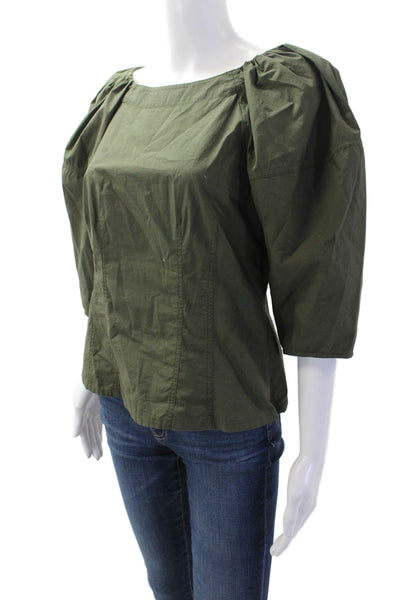 La Vie Women Green Cotton Square Neck 3/4 Sleeve Army Zip Blouse Size S