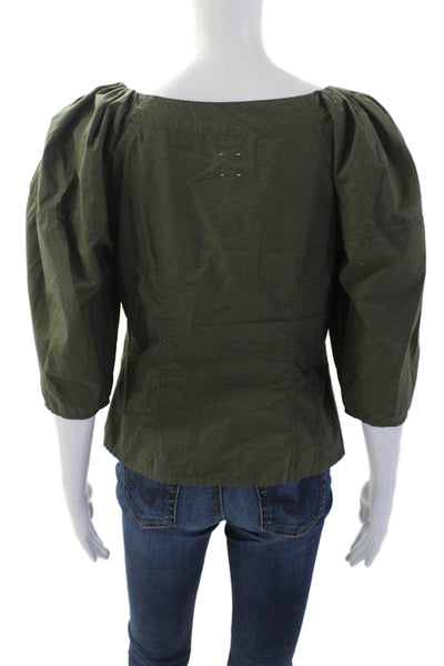 La Vie Women Green Cotton Square Neck 3/4 Sleeve Army Zip Blouse Size S