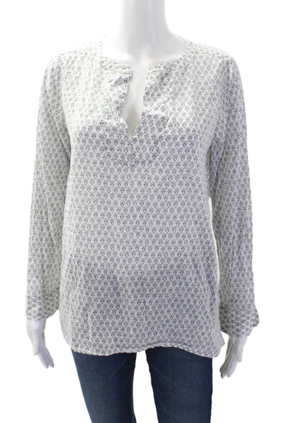 J Crew Women Floral Cotton-Blend Tunic Blouse White Long Sleeve Size 4