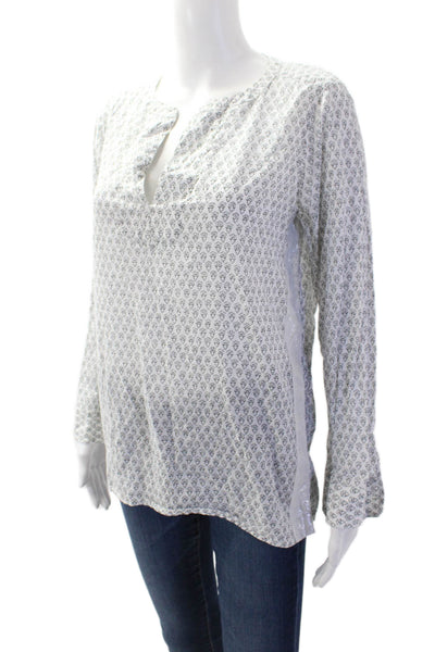 J Crew Women Floral Cotton-Blend Tunic Blouse White Long Sleeve Size 4