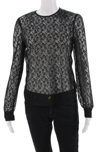Black Iris Women Black Floral Crew Neck Long Sleeve Blouse Size 2