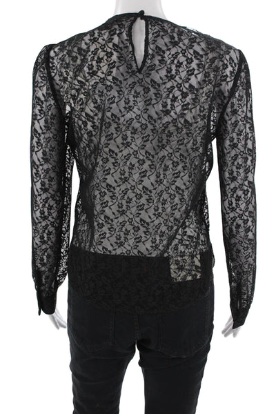 Black Iris Women Black Floral Crew Neck Long Sleeve Blouse Size 2