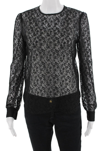 Black Iris Women Floral Blouse Crew Neck Long Sleeve Button Black Size 4