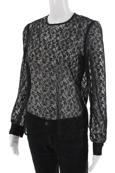 Black Iris Women Floral Blouse Crew Neck Long Sleeve Button Black Size 4