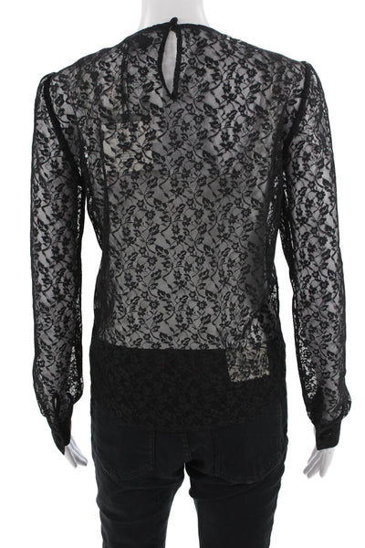 Black Iris Women Floral Blouse Crew Neck Long Sleeve Button Black Size 4