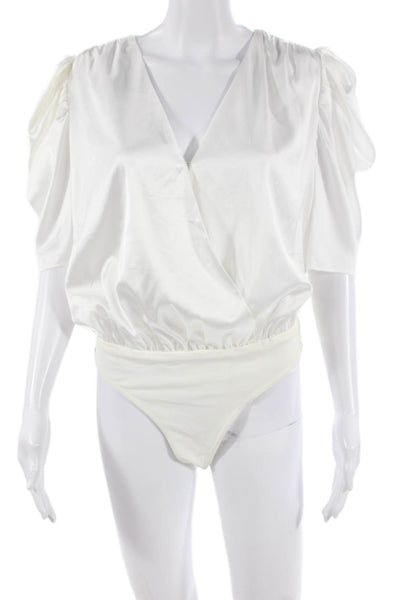 Adelyn Rae Women Bodysuit White V-Neck Short Sleeve Polyester Size M
