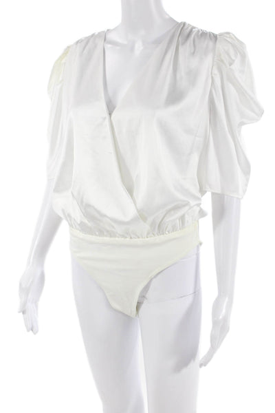 Adelyn Rae Women Bodysuit White V-Neck Short Sleeve Polyester Size M