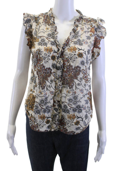 Elan Womens Bohemian Floral Sleeveless Button-Up Blouse Beige Polyester Size M