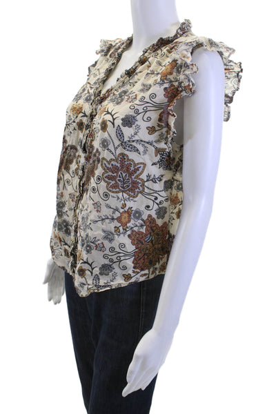 Elan Womens Bohemian Floral Sleeveless Button-Up Blouse Beige Polyester Size M