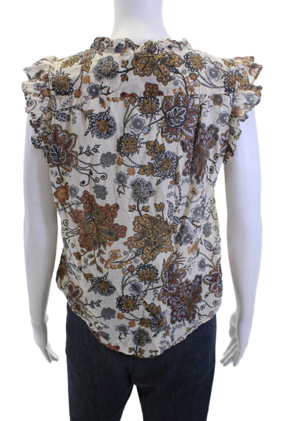 Elan Womens Bohemian Floral Sleeveless Button-Up Blouse Beige Polyester Size M