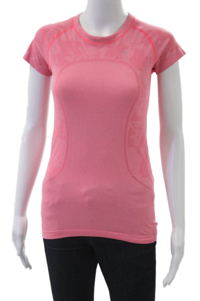 Lululemon Womens Pink Floral Crew Neck Basic T-Shirt Nylon Short Sleeve Size 6