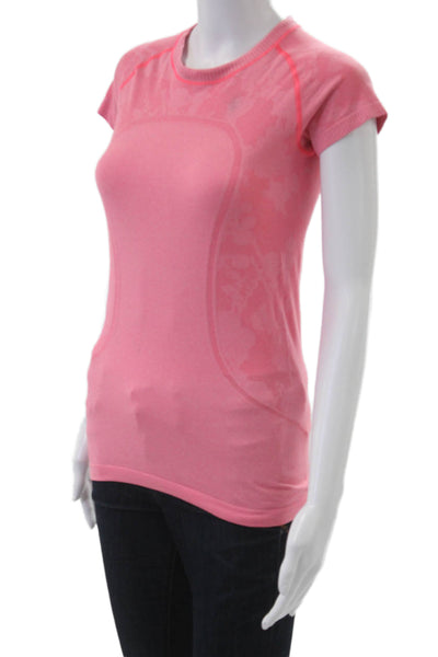 Lululemon Womens Pink Floral Crew Neck Basic T-Shirt Nylon Short Sleeve Size 6