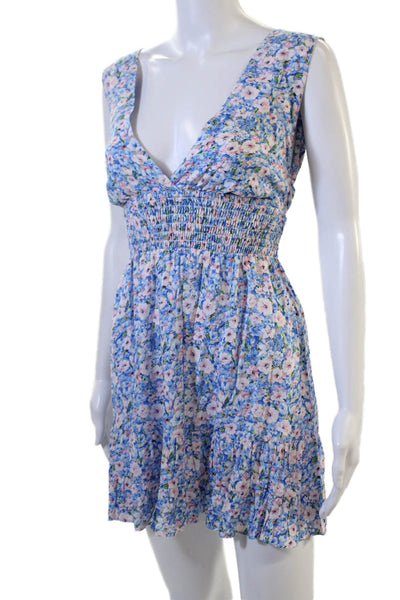 Designer Women Fit & Flare Sundress Blue Floral V-Neck Sleeveless Tie Size S