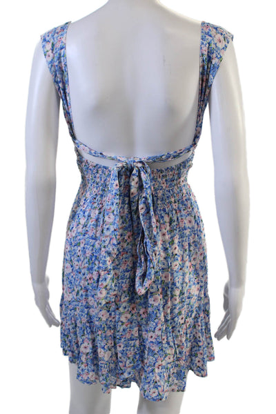 Designer Women Fit & Flare Sundress Blue Floral V-Neck Sleeveless Tie Size S