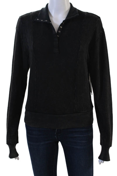 Nux, Womens Henley Sweatshirt Black Bamboo Cotton Collared Long Sleeve Size S