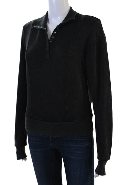 Nux, Womens Henley Sweatshirt Black Bamboo Cotton Collared Long Sleeve Size S