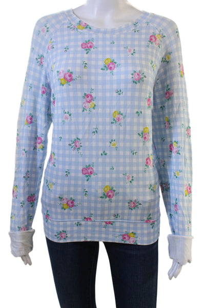 Stripe & Stare Women Light Blue Jersey T-Shirt Floral Check Long Sleeve Size M