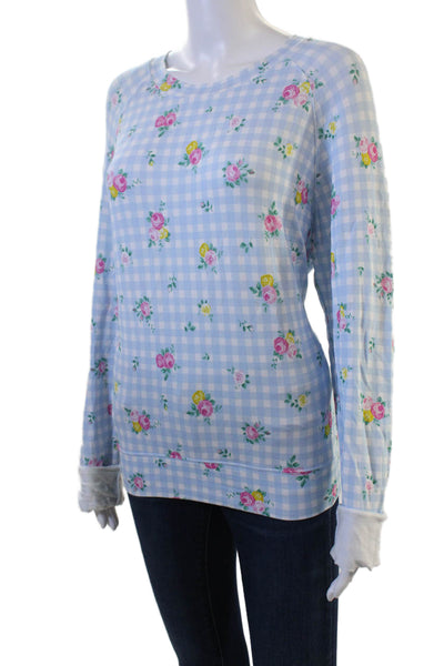 Stripe & Stare Women Light Blue Jersey T-Shirt Floral Check Long Sleeve Size M