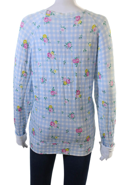 Stripe & Stare Women Light Blue Jersey T-Shirt Floral Check Long Sleeve Size M