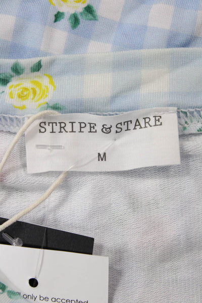 Stripe & Stare Women Light Blue Jersey T-Shirt Floral Check Long Sleeve Size M