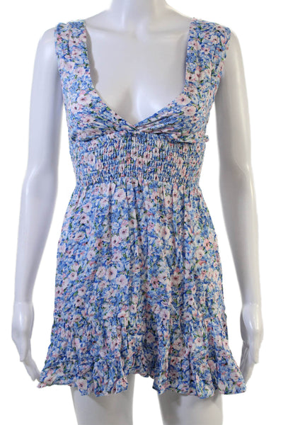 Designer Womens Blue Floral V-Neck Sundress Sleeveless Rayon Size XS
