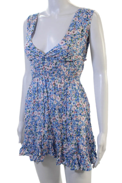 Designer Womens Blue Floral V-Neck Sundress Sleeveless Rayon Size XS