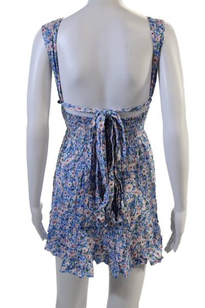 Designer Womens Blue Floral V-Neck Sundress Sleeveless Rayon Size XS