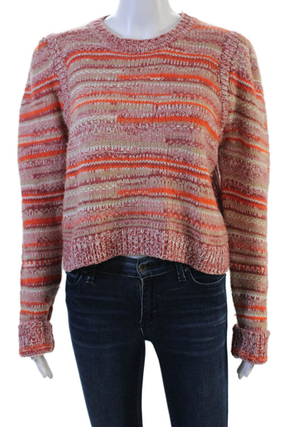 Intermix Women Pullover Sweater Orange Striped Crew Neck Long Sleeve Size M