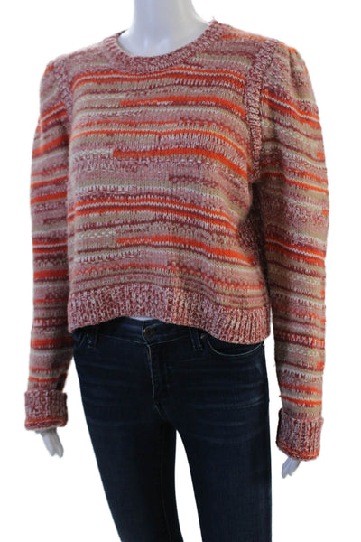 Intermix Women Pullover Sweater Orange Striped Crew Neck Long Sleeve Size M