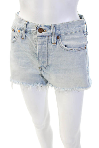 Madewell Unisex Light Blue Solid 100% Cotton Button Shorts Size 23