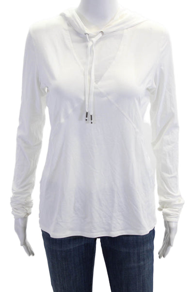 ALALA Women Pullover Hoodie White V-Neck Drawstring Long Sleeve Size S