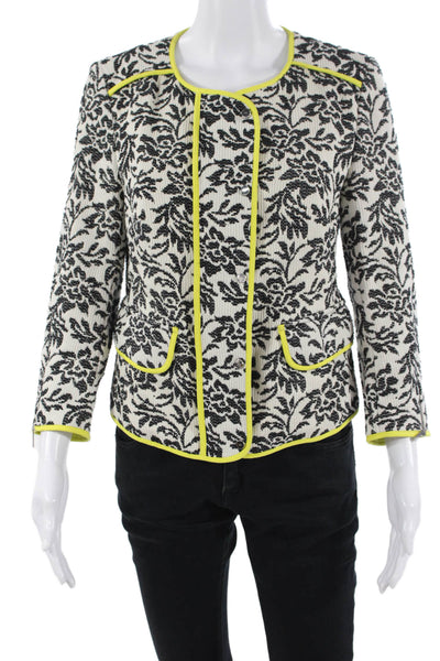 Karen Millen Women Black Floral Snap 3/4-Sleeve Blazer Round Neck Size 8