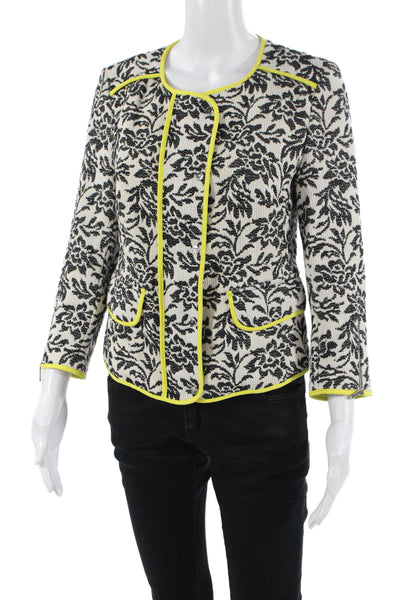 Karen Millen Women Black Floral Snap 3/4-Sleeve Blazer Round Neck Size 8
