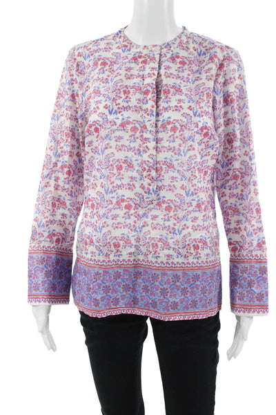 J Crew Women Floral Boho Cotton Tunic Round Neck 3/4 Sleeve Button White Size S