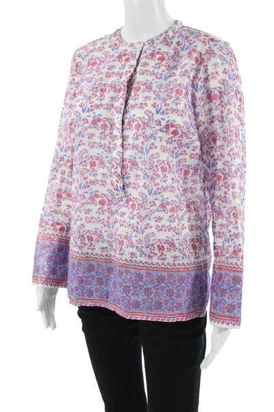 J Crew Women Floral Boho Cotton Tunic Round Neck 3/4 Sleeve Button White Size S