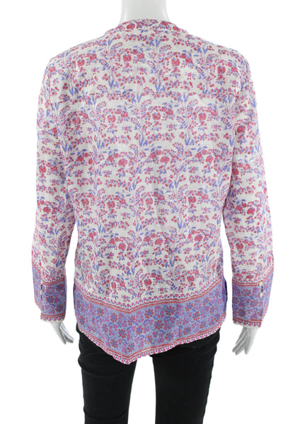J Crew Women Floral Boho Cotton Tunic Round Neck 3/4 Sleeve Button White Size S