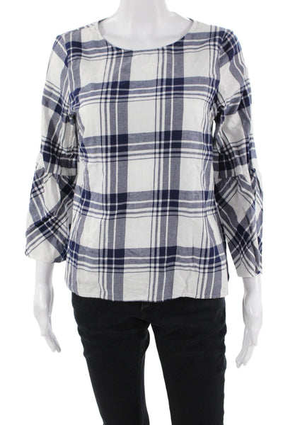 J Crew Women Dark Blue Plaid Basic 3/4 Sleeve Blouse Size 4