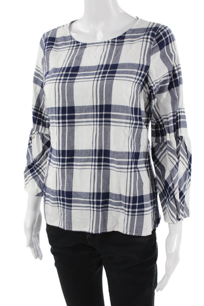 J Crew Women Dark Blue Plaid Basic 3/4 Sleeve Blouse Size 4