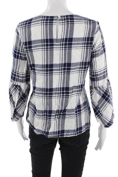 J Crew Women Dark Blue Plaid Basic 3/4 Sleeve Blouse Size 4
