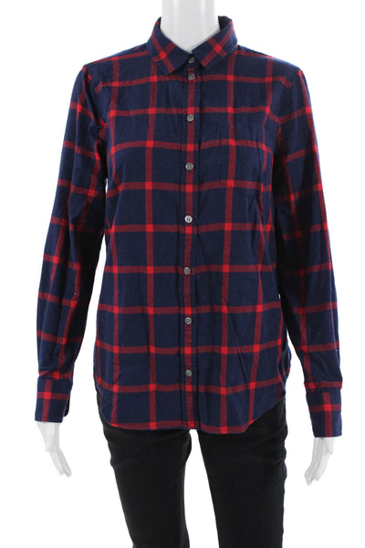 J Crew Women Dark Blue Plaid Collared Button-Up Long Sleeve 100% Cotton Size S