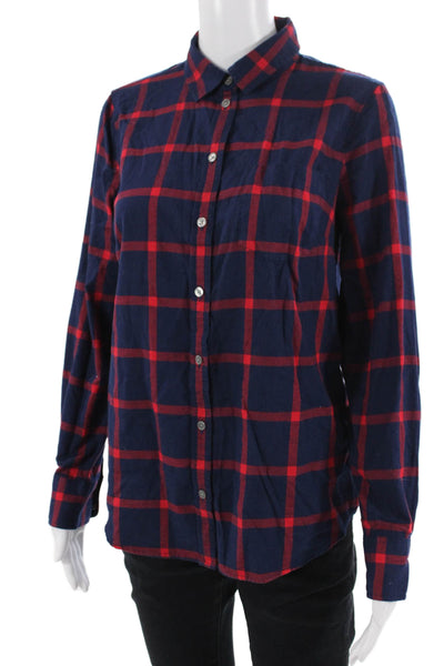 J Crew Women Dark Blue Plaid Collared Button-Up Long Sleeve 100% Cotton Size S