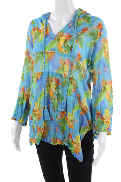 Roller Rabbit, Women Tunic Hoodie Blue Floral 100% Cotton V-Neck Size M