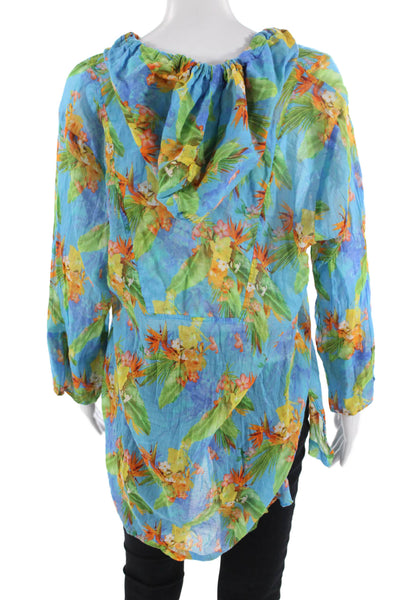 Roller Rabbit, Women Tunic Hoodie Blue Floral 100% Cotton V-Neck Size M