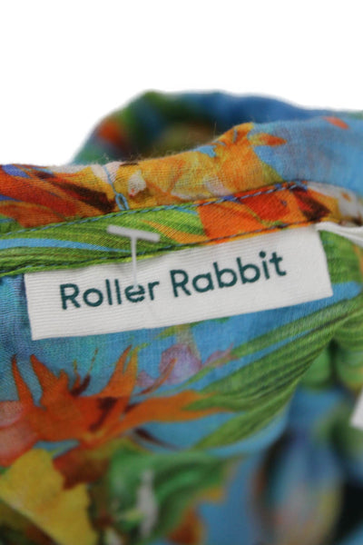 Roller Rabbit, Women Tunic Hoodie Blue Floral 100% Cotton V-Neck Size M