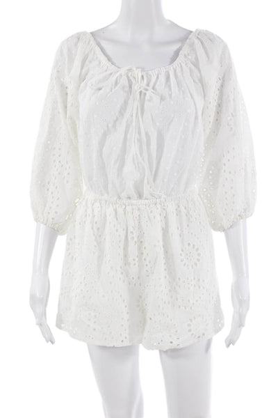 Designer Women Romper White Textured Long Sleeve Cotton Round Neck Size S
