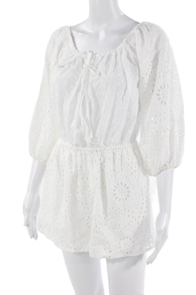 Designer Women Romper White Textured Long Sleeve Cotton Round Neck Size S