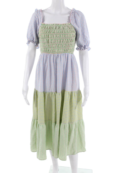 Greylin Anthropologie Women Maxi Sundress Green Check Short Sleeve Size XS