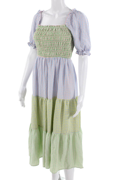 Greylin Anthropologie Women Maxi Sundress Green Check Short Sleeve Size XS