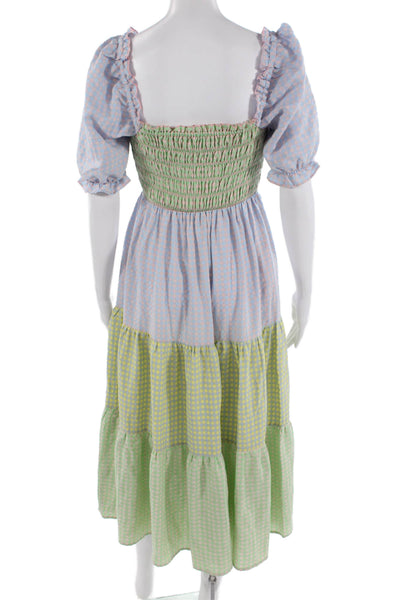 Greylin Anthropologie Women Maxi Sundress Green Check Short Sleeve Size XS