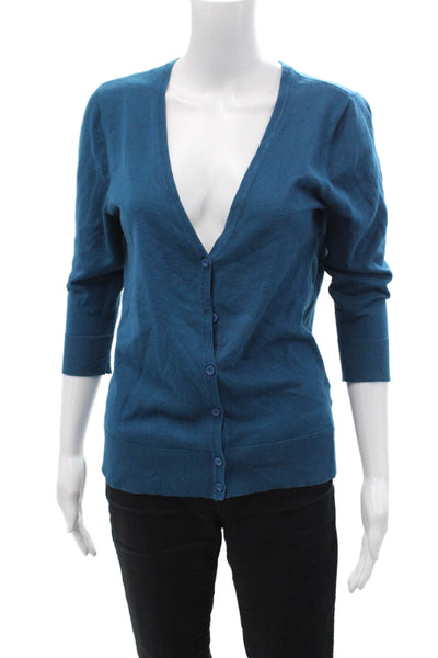 14th & Union Women Cardigan Blue V-Neck 3/4 Sleeve Rayon/Nylon Size L